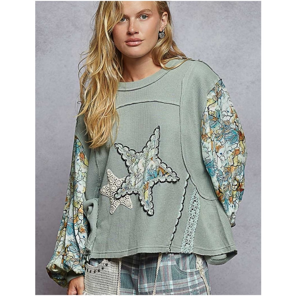 POL Sage Green Star Patch Long Sleeve Top - Picture 1 of 3